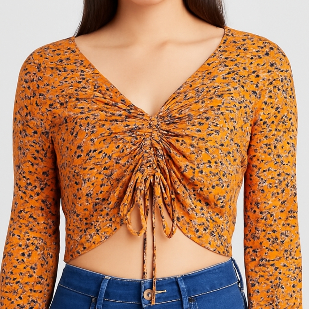 WILD FABLE Women’s Mustard Ditzy Floral Long Sleeve Crop Top Large Ruched Boho